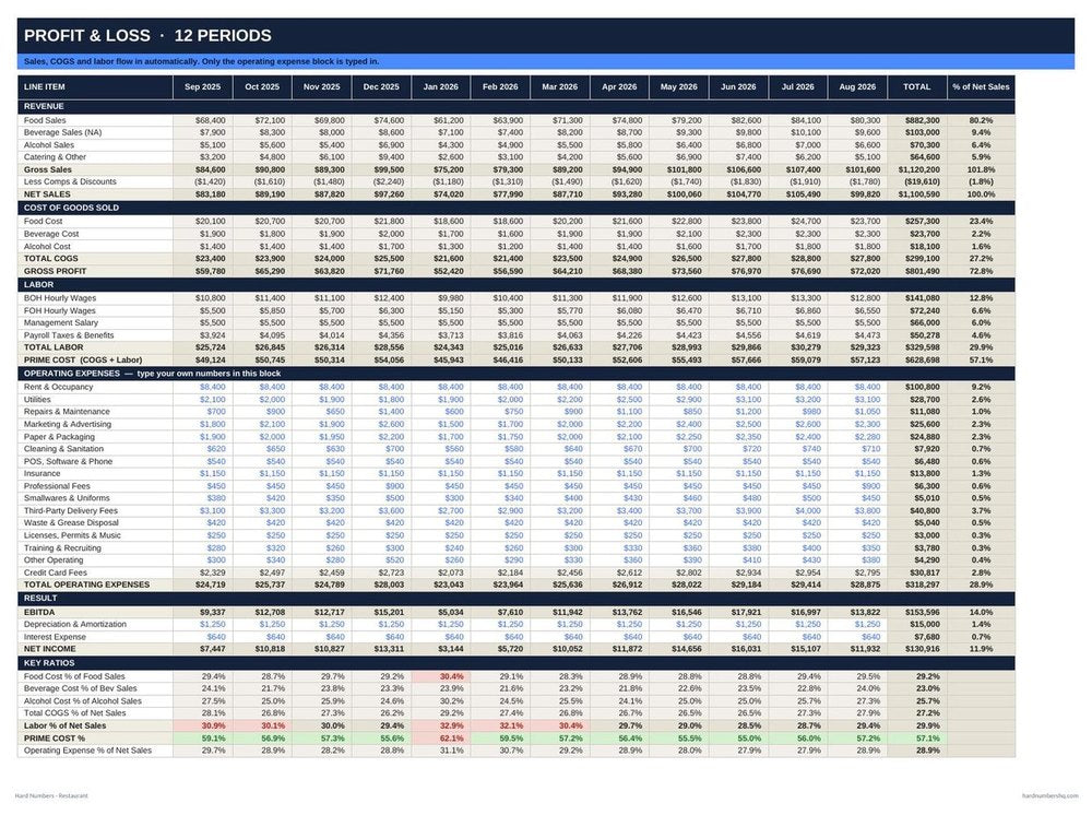 Twelve-period profit and loss statement with prime cost